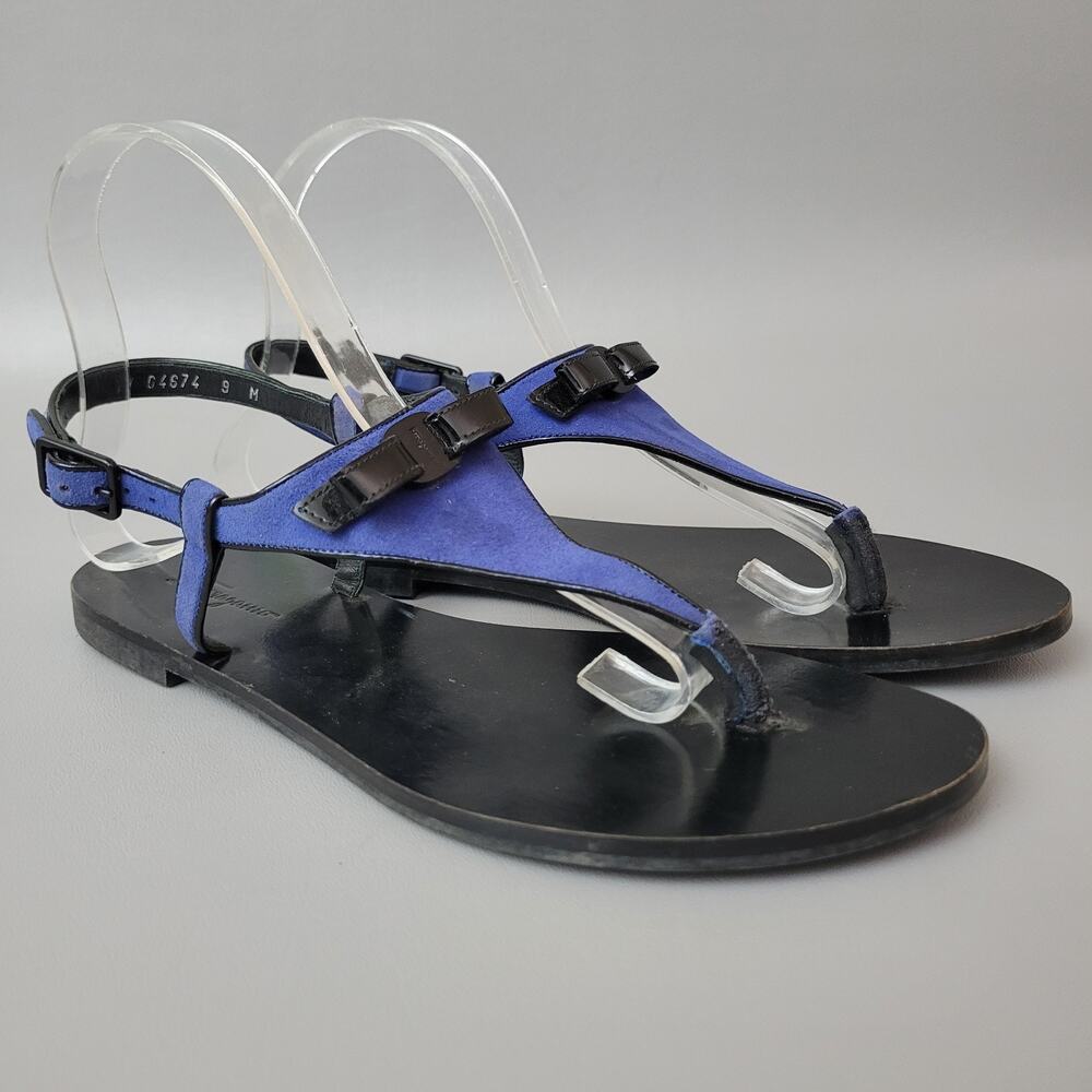 Salvatore Ferragamo Blue Suede Patent Thong Flat Sandals Bow Slingback Size 9 - Picture 4 of 11